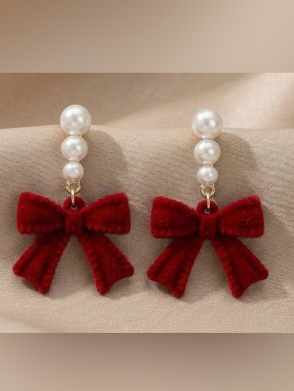 Velvet Red Bow Pearl Drop Earrings
